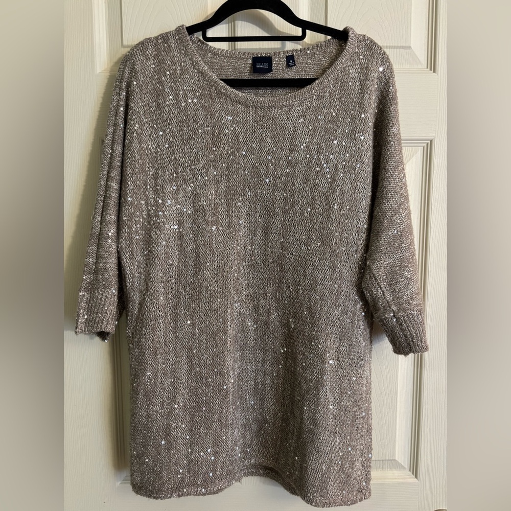 Saks Fifth Avenue Taupe Grey Sequin Knit Crewneck Sweater